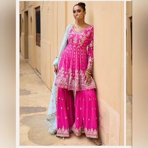 Lashkaraa Hot Pink And Mint Blue Gharara Salwar Kameez NWT
